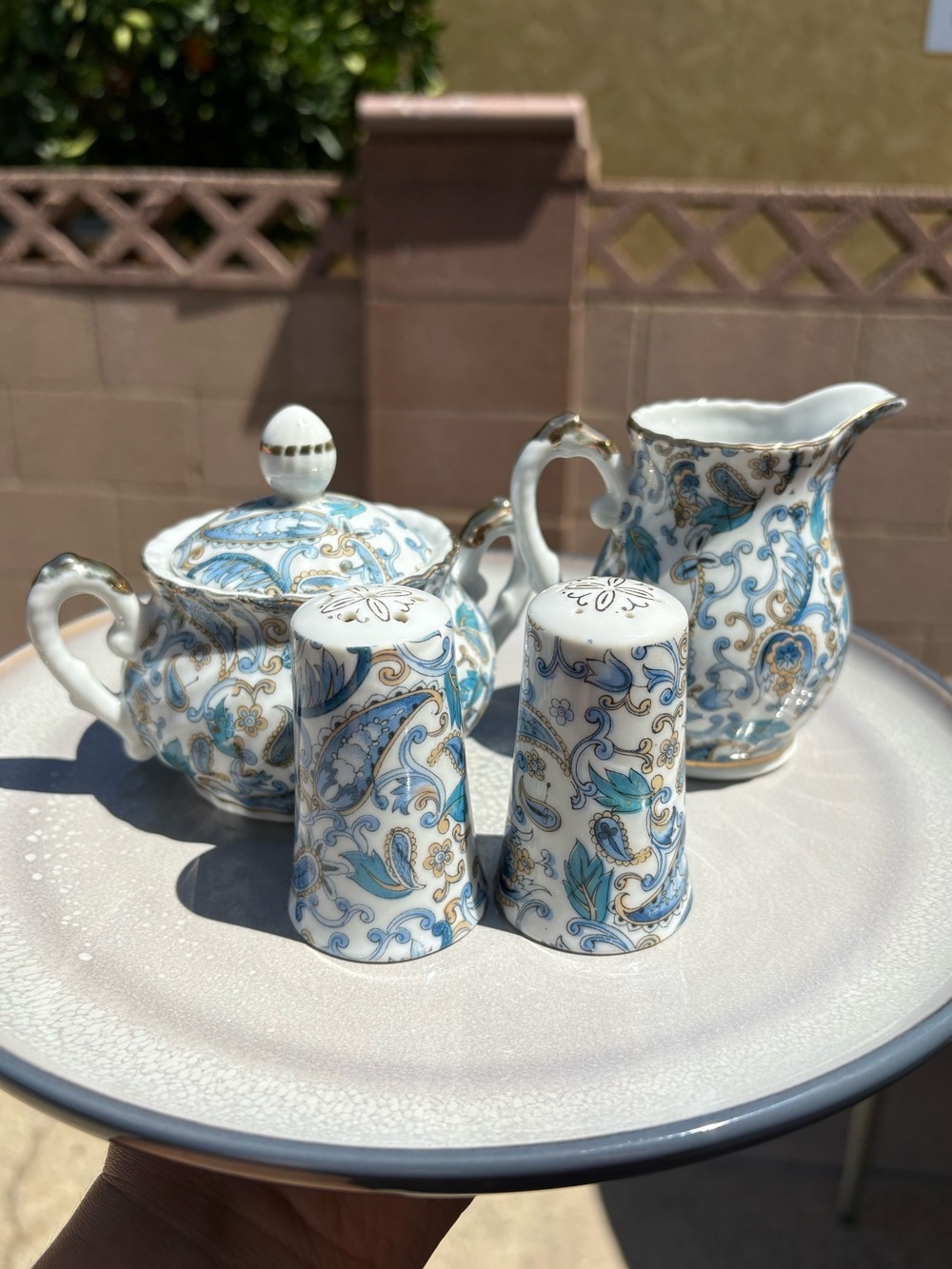 Vintage Lefton China 4-pc Set Blue Paisley Creamer & Sugar Bowl w/ Lid and S&P